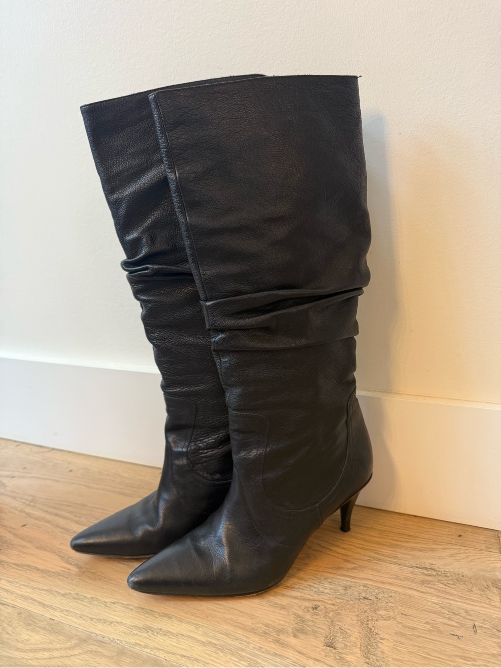 Via Spiga Black Pointed-Toe Knee-High Heeled Boots